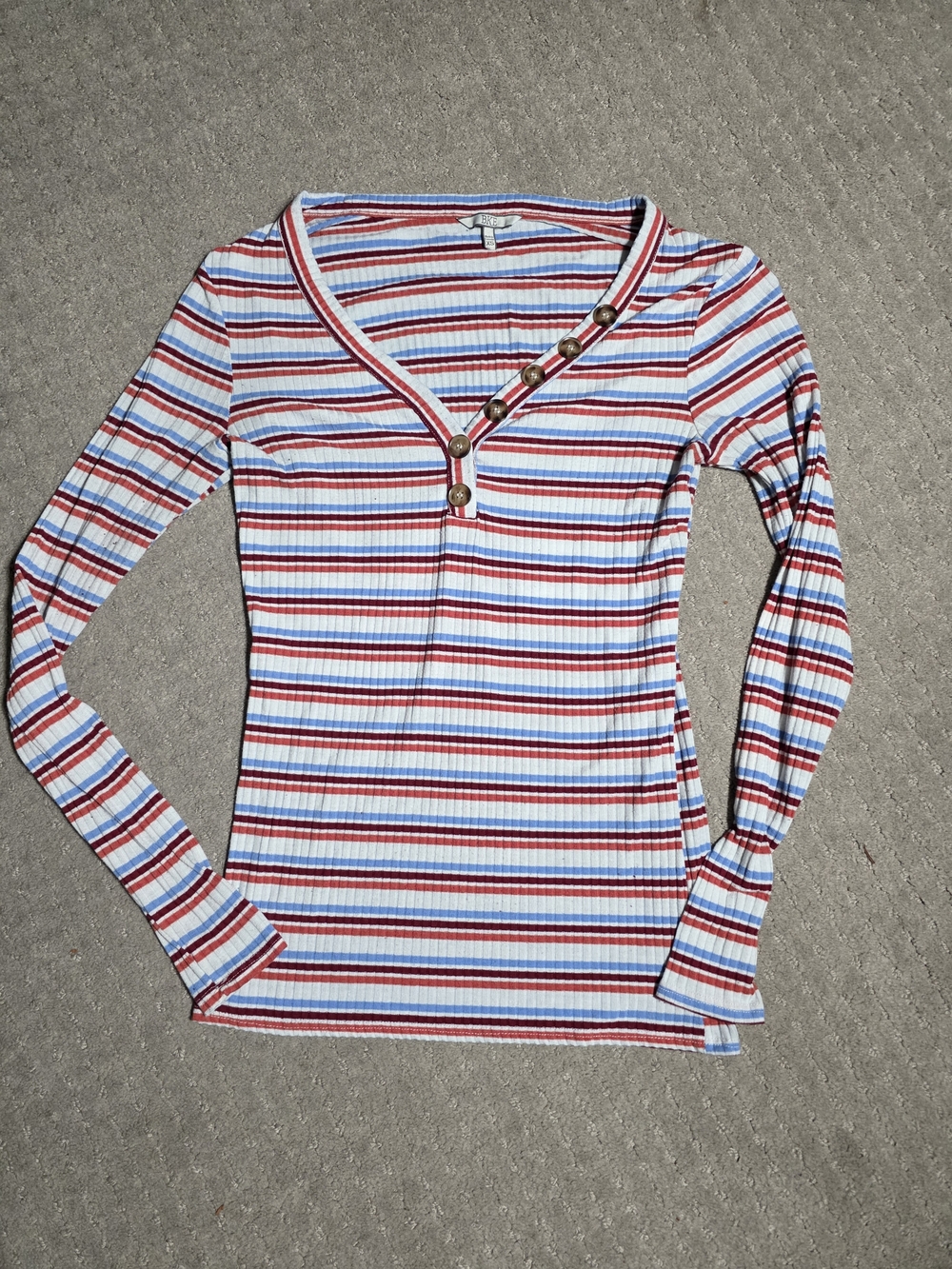 BKE Striped Ribbed Long-Sleeve V-Neck Top with Button Placket - Red, Blue, White